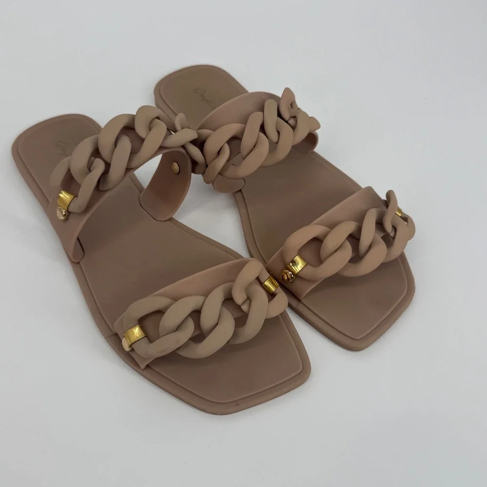 Qupid‎ Jelly Slide Sandals Womens Size 10 Tan Good Chain Link Square Toe Flat